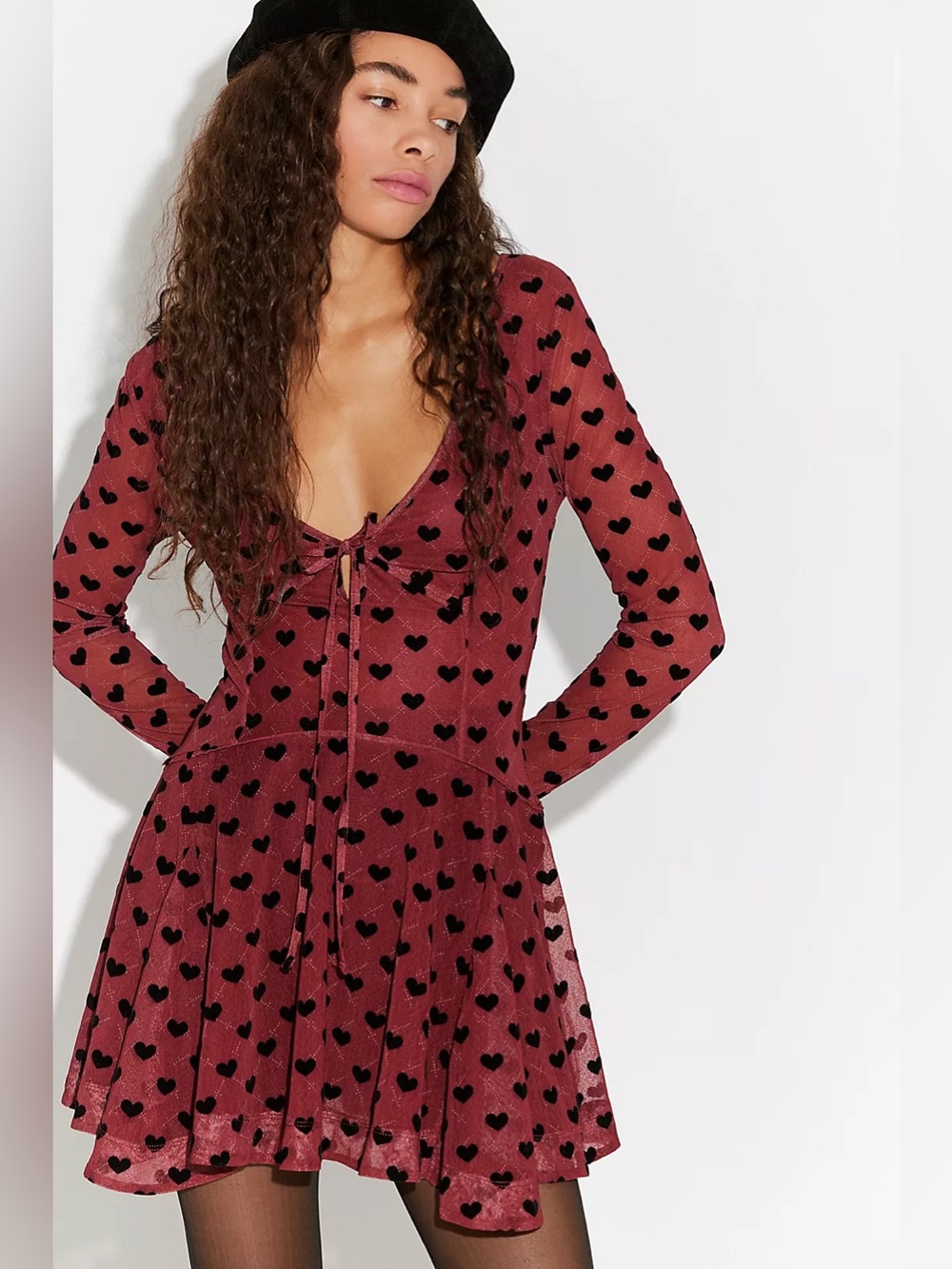 Free People Sway With Me Flocked Mini Dress in Burgundy Red XS